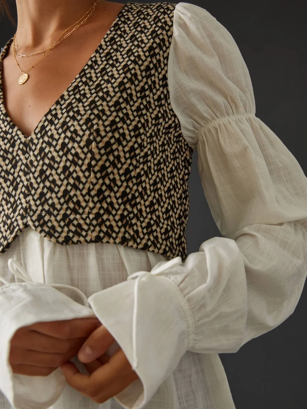By Anthropologie Layered Jacquard Vest & Blouse, Puff Sleeve Office Streetwear